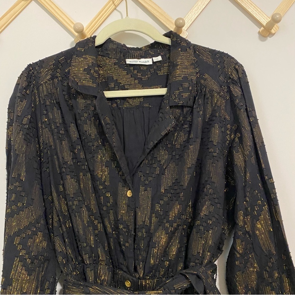 Roller Rabbit Black and Gold Midi Button Front Dress XL - Picture 4 of 10